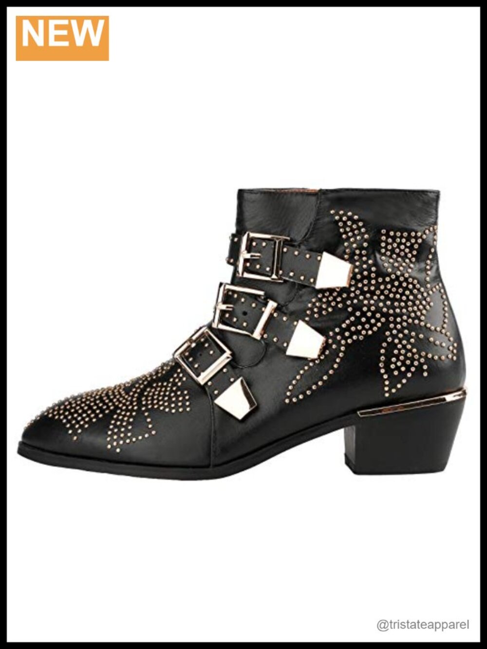 Genuine Leather Studded Ankle Booties Multiple Buckle Chunky Heel Zipper